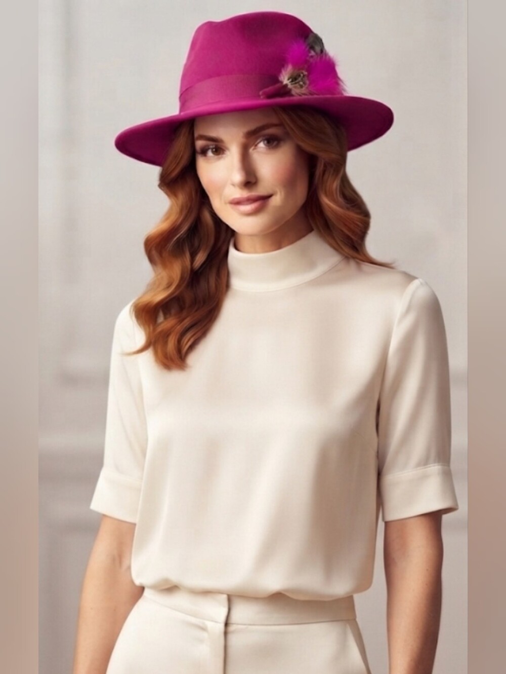 Vintage Geo. W. Bollman Doeskin Felt Wool Fedora Hat Fuchsia Magenta w/ Feathers